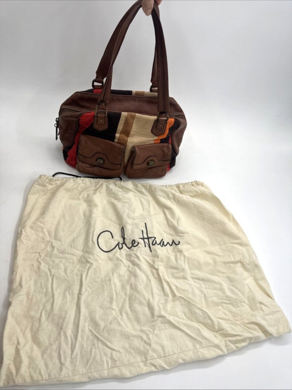 Cole Haan Striped Handbag Brown Leather Canvas Shoulder Aztec Double Handle Boho - Picture 1 of 12